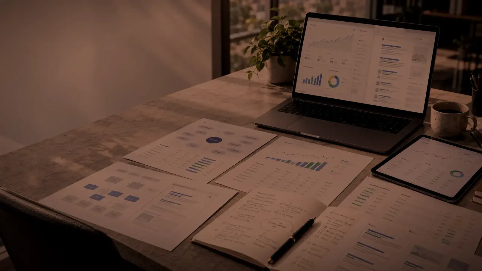 Laptop and tablet showing website traffic charts, with printed search reports and a notebook on a desk