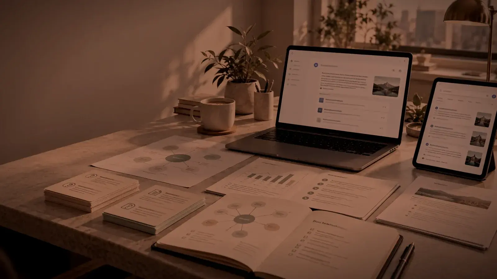 Laptop and tablet showing AI search answers, with planning notes and question cards on a sunlit desk