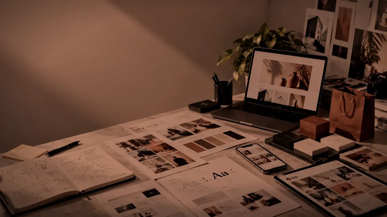 Desk with brand moodboards, colour palette, typography sheets, business cards and packaging next to a laptop